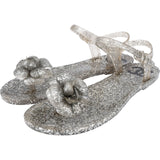 Chanel Silver Glitter Camellia Jelly Sandals (38)