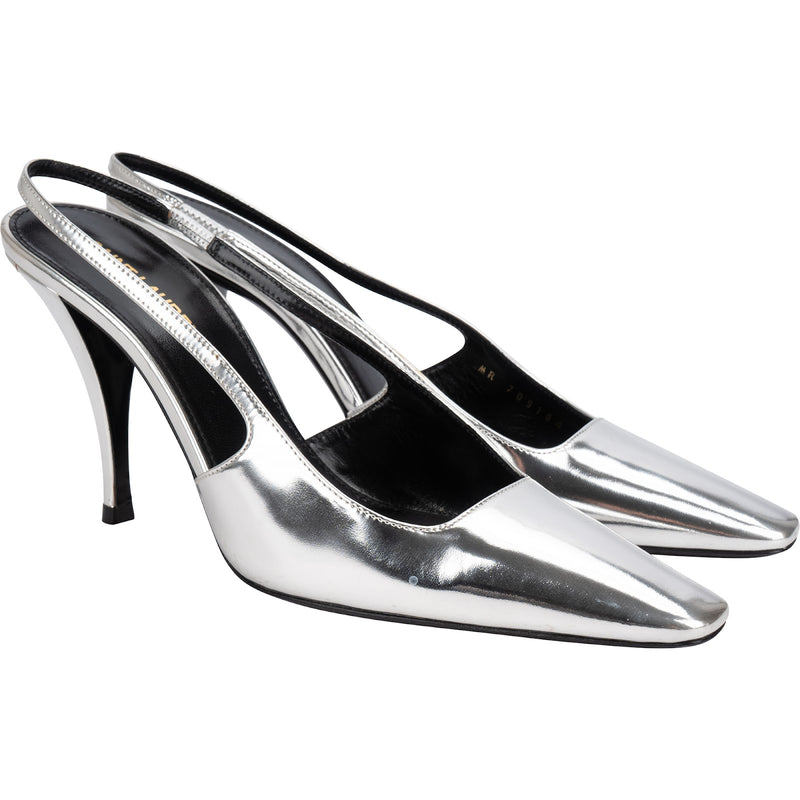 Yves Saint Laurent Silver Metallic Patent Leather Blade Slingback Pumps (37)