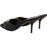 Gucci Black Monogram GG Canvas Leather Horsebit Mules Kitten Heels (34)