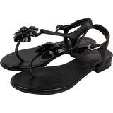 Chanel Black Leather Camellia Flower Thong Strap Sandals (35)