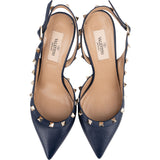 Valentino Garavani Grained Navy Calfskin Rockstud Slingback Pumps (37,5)