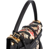 Valentino Black Leather Animal Fantasia Embroidered Joylock Top Handle Handbag