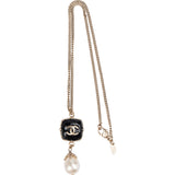 Chanel Gold CC Black Enamel Pearl Drop Necklace