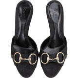 Gucci Black Monogram GG Canvas Leather Horsebit Mules Kitten Heels (34)