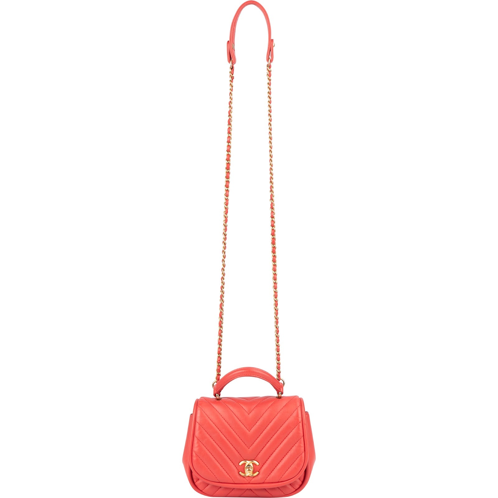 [🔄️B06 / F15] Chanel Red Leather Chevron Lambskin Mini Flap Bag with Top Handle Handbag - vintageandkickz