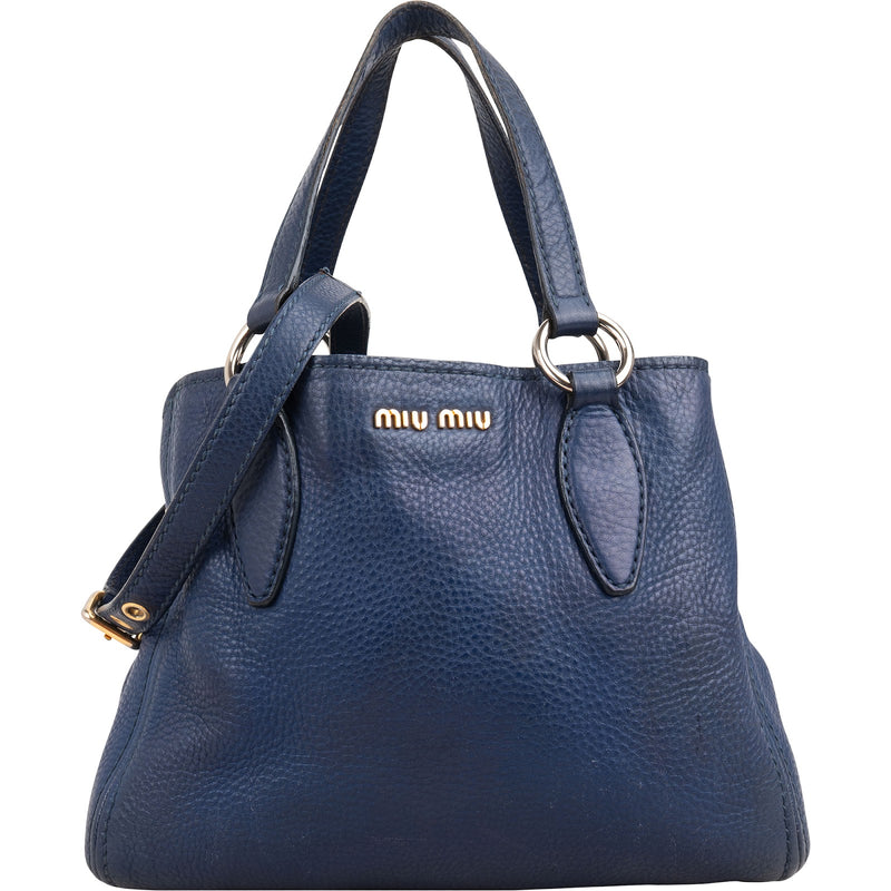 Miu Miu Blue Vitello Daino Leather Tote Handbag
