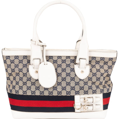 Gucci Monogram GG Canvas Sherry Line White Tote Shoulder Bag - vintageandkickz