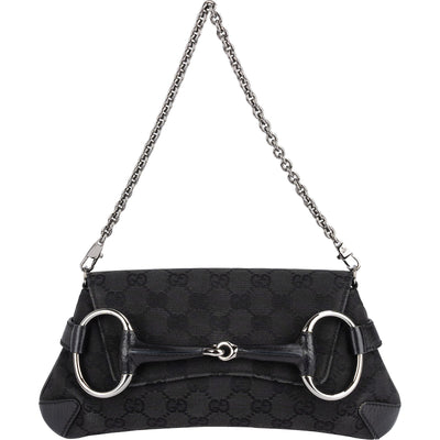 Gucci Monogram GG Black Horsebit Chain Pochette  Handbag
