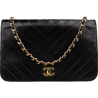 Chanel Chevron Lambskin 24K Gold Single Flap Crossbody Bag