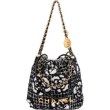 Chanel 22 Cashmere Checkered Rose Pattern Bucket Small Crossbody Handbag