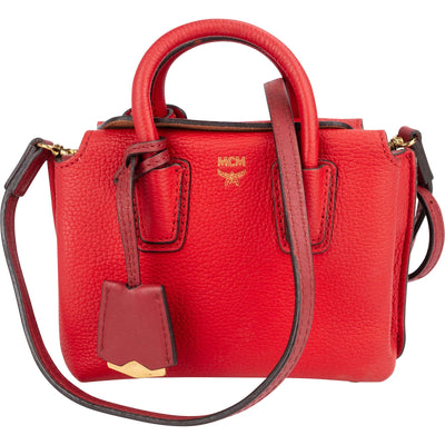 MCM Red Pebbled Leather Aren Mini Top Handle Crossbody Bag
