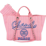 Chanel Canvas Pinstripe Baseball Bicolor Deauville Tote Shopper Shoulder Bag