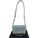 Chanel Iconic Quilted Denim 24K Gold Single Flap Runaway Shoulder Bag