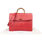 Gucci Red Grained Leather Bamboo Briefcase Crossbody Bag - vintageandkickz