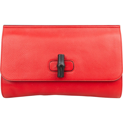Gucci Red Pebbled Leather Bamboo Clutch Bag