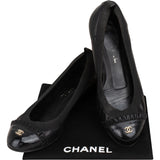 Chanel Leather Fringed Patent Cap Toe CC  Elastic Ballerina Flats (35)
