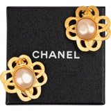 Chanel Gold Tone CC Clover Faux Pearl 1995 Clip-On Earrings
