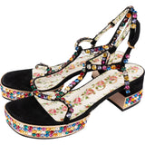 Gucci Black Suede Flowers Scamosciato Crystal Mira Platform Sandals (39)