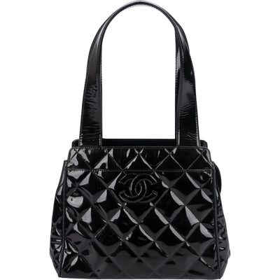 Chanel Quilted Patent Leather CC Small Tote Handbag