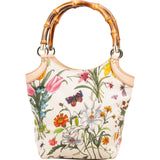 Gucci Floral Print Canvas Bamboo Handle Tote Shoulder Bag