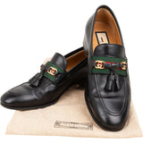 Gucci Black Brushed Leather GG Web Tassels Loafers (34,5)