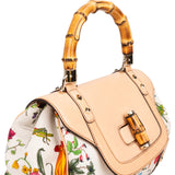 Gucci Rose Leather Flora Print Canvas Bamboo Top Handle Handbag