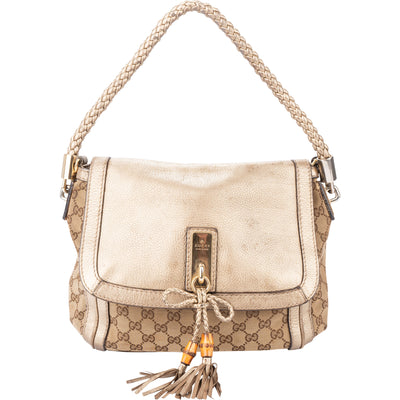 Gucci GG Monogram Braided Leather Bamboo Handbag - vintageandkickz