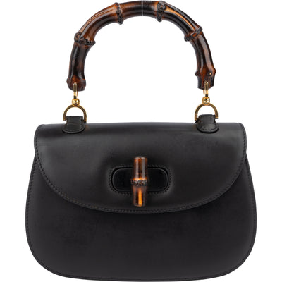 Gucci Black Leather Bamboo Handbag
