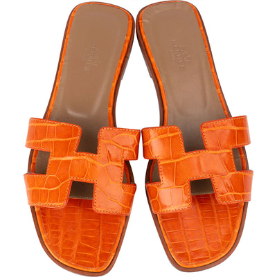 Hermès Orange Exotic Crocodile Leather Oran Sandals (37)