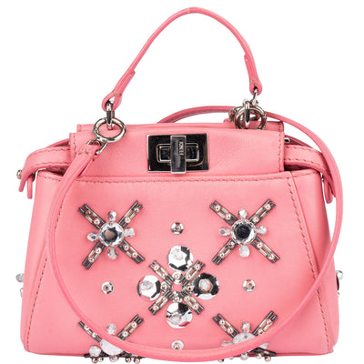 Fendi Pink Leather Crystal Micro Peekaboo Handbag