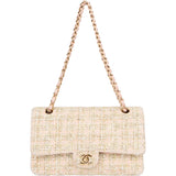 Chanel Quilted Tweed 24K Gold Medium Double Flap Crossbody Bag