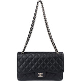 Chanel Quilted Caviar Leather Palladium Jumbo Double Flap Crossbody Bag