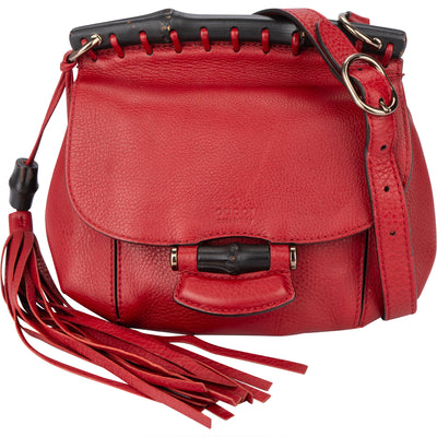 Gucci Red Leather Bamboo Crossbody Bag - vintageandkickz