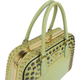 Prada Saffiano Vernic Leather Pyramid Frame Crystal Studded Promenade Handbag