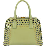 Prada Saffiano Vernic Leather Pyramid Frame Crystal Studded Promenade Handbag