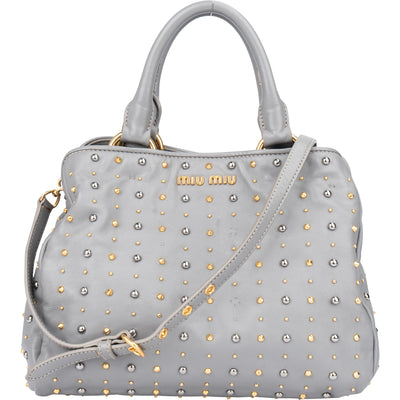Miu Miu Grey Leather Bicolor Rivets Handbag - vintageandkickz