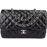 Chanel Quilted Lambskin Palladium Jumbo Double Flap Crossbody Bag