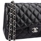 Chanel Quilted Lambskin Palladium Jumbo Double Flap Crossbody Bag