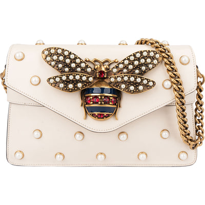 Gucci White Leather Queen Margaret Bee Shoulder Bag