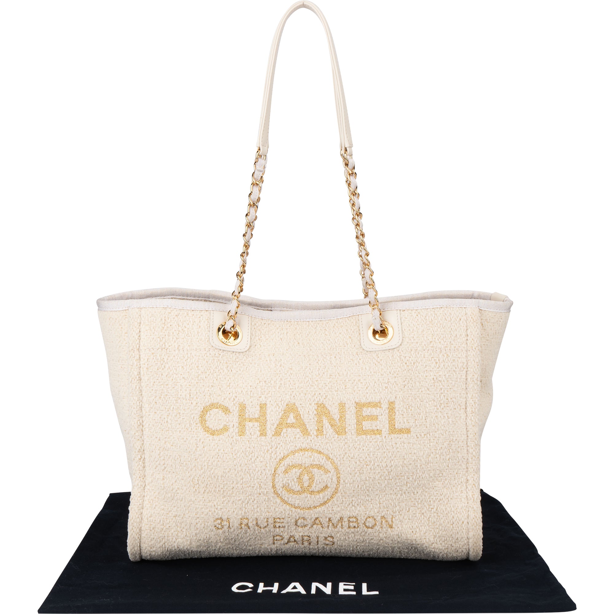 Chanel White Christmas Gold Tone Glitter Deauville Handbag - vintageandkickz