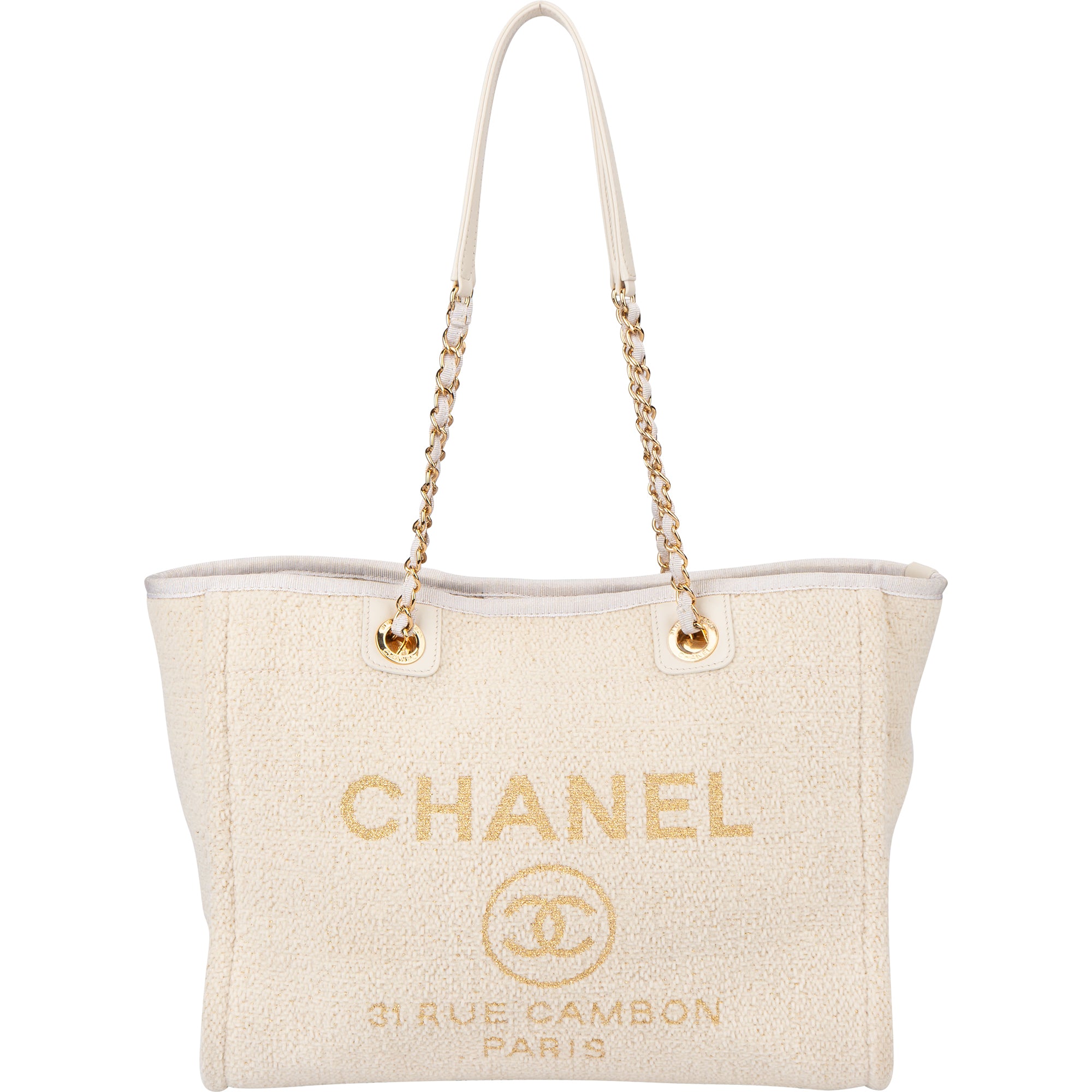 Chanel White Christmas Gold Tone Glitter Deauville Handbag - vintageandkickz