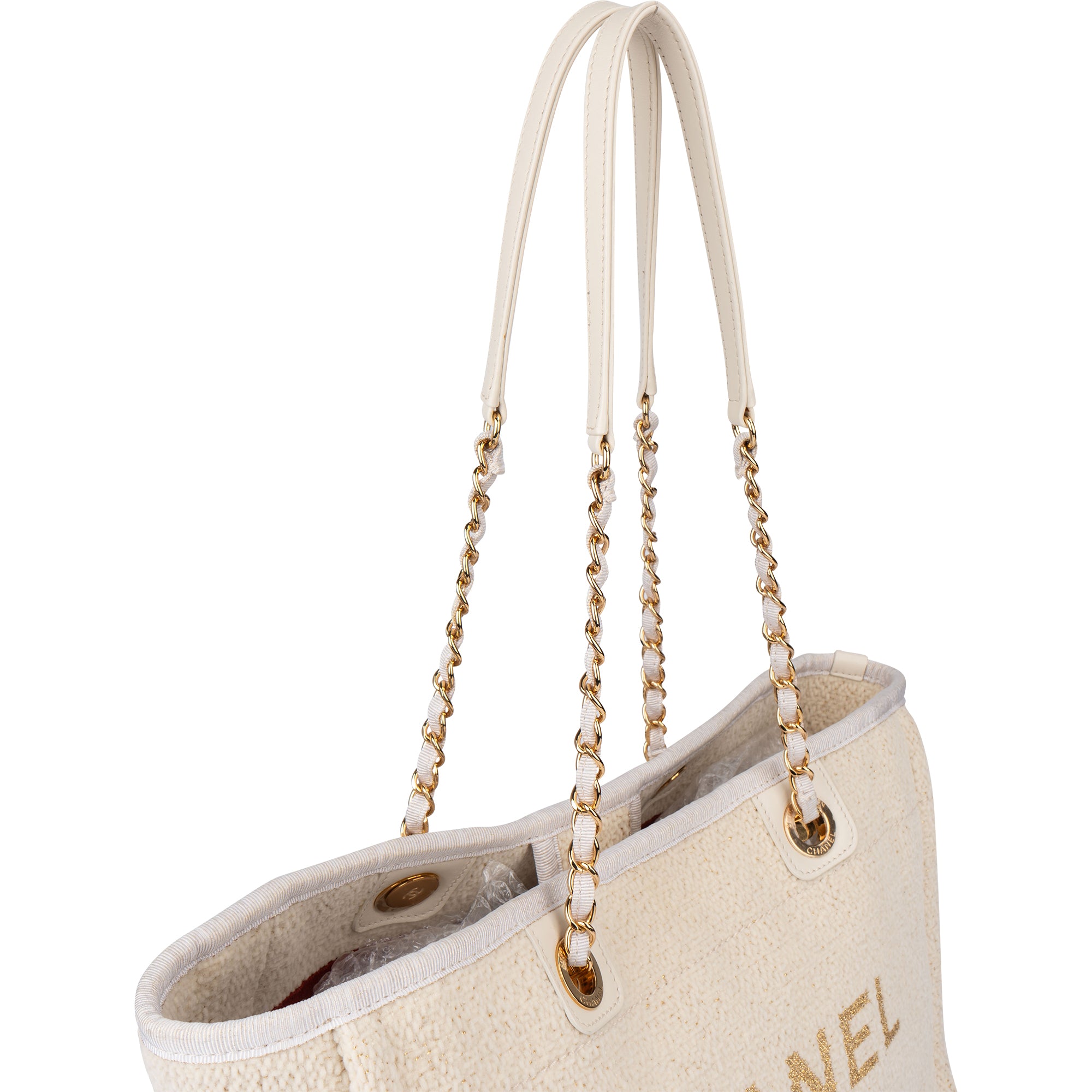 Chanel White Christmas Gold Tone Glitter Deauville Handbag - vintageandkickz