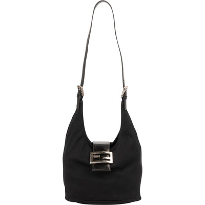 Fendi Black Cotton Baguette Buckle Shoulder Bag