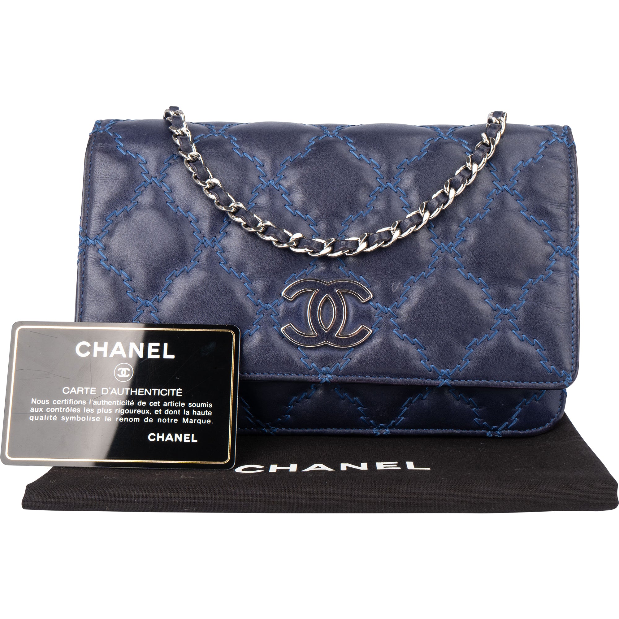 Chanel Bleu Quilted Stitch Lambskin Wallet On Chain Crossbody Bag - vintageandkickz