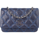 Chanel Bleu Quilted Stitch Lambskin Wallet On Chain Crossbody Bag - vintageandkickz