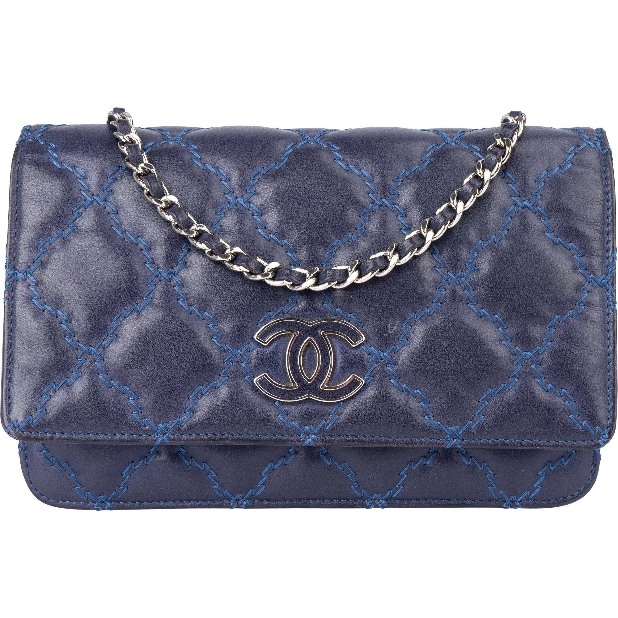 Chanel Bleu Quilted Stitch Lambskin Wallet On Chain Crossbody Bag - vintageandkickz