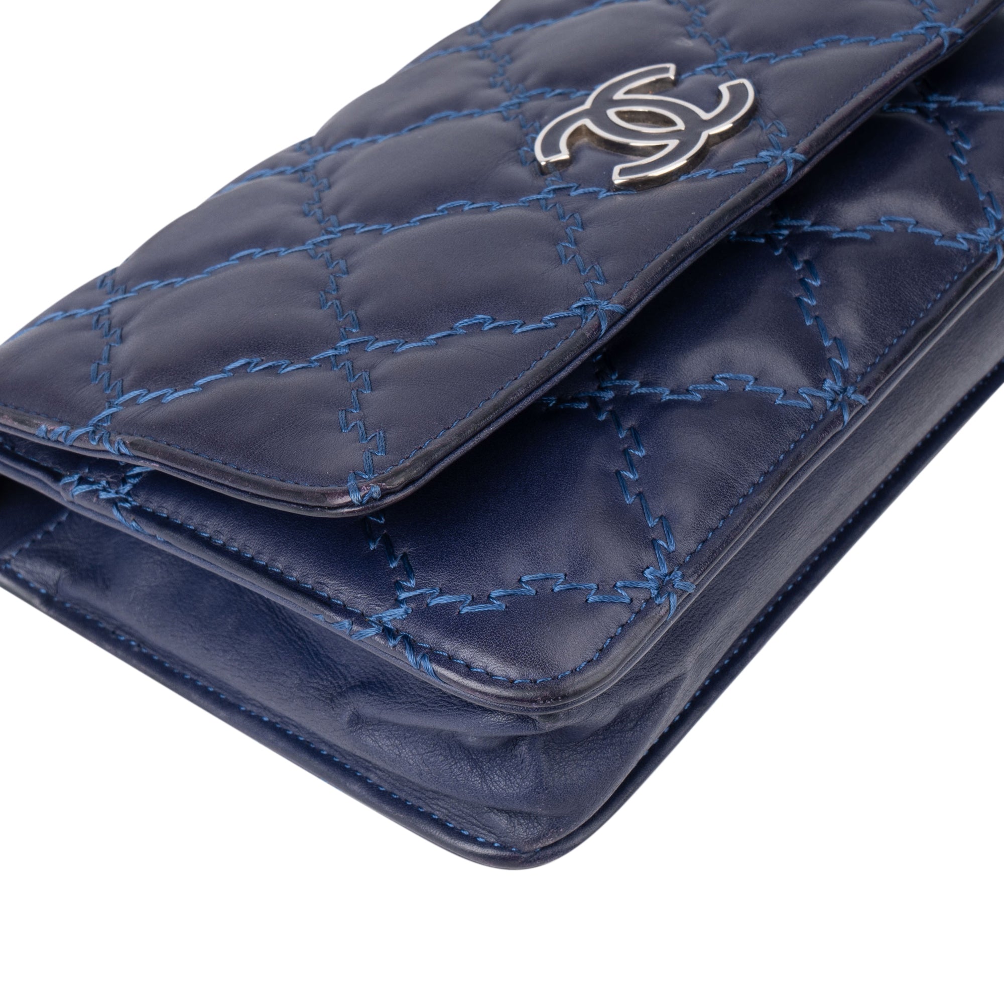 Chanel Bleu Quilted Stitch Lambskin Wallet On Chain Crossbody Bag - vintageandkickz