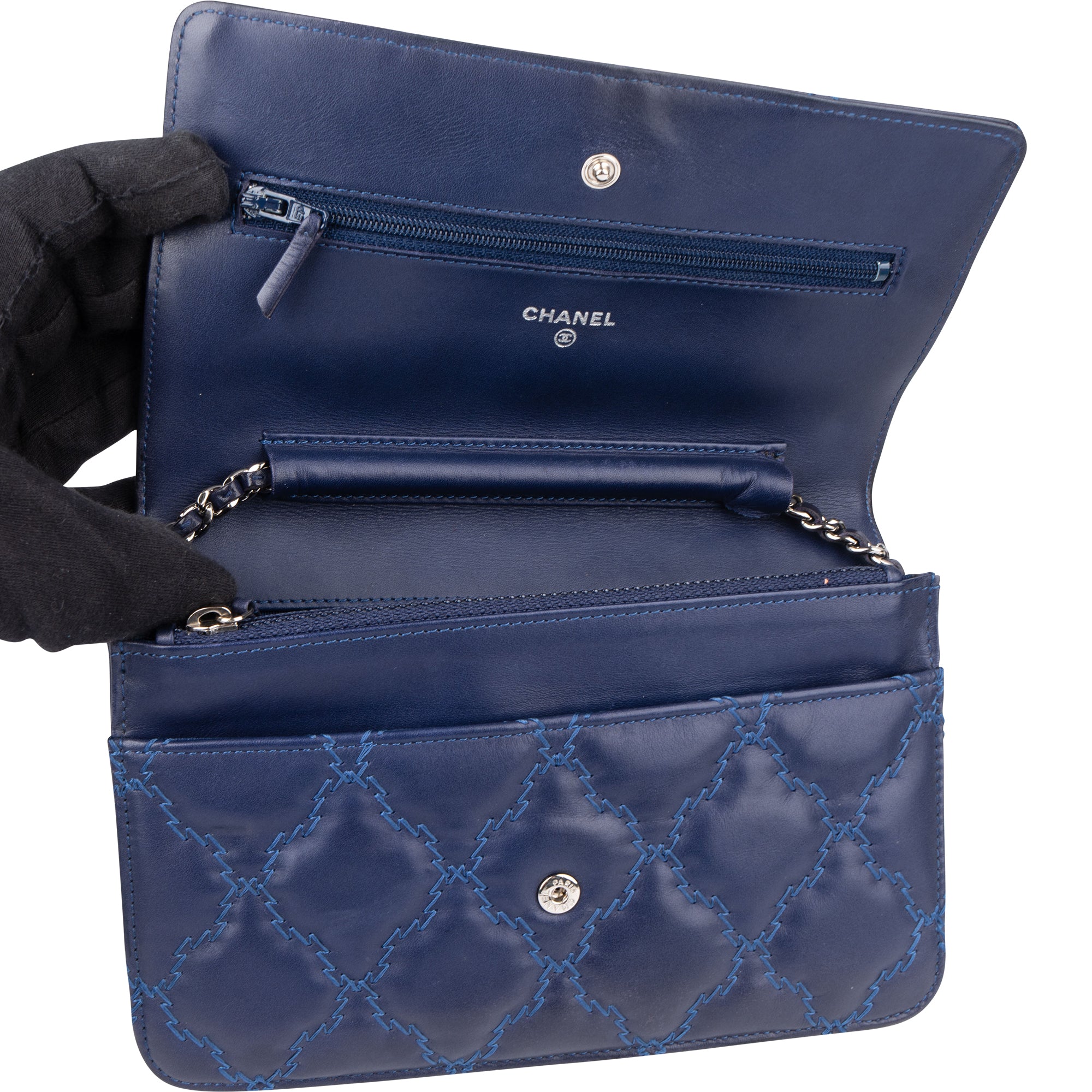 Chanel Bleu Quilted Stitch Lambskin Wallet On Chain Crossbody Bag - vintageandkickz