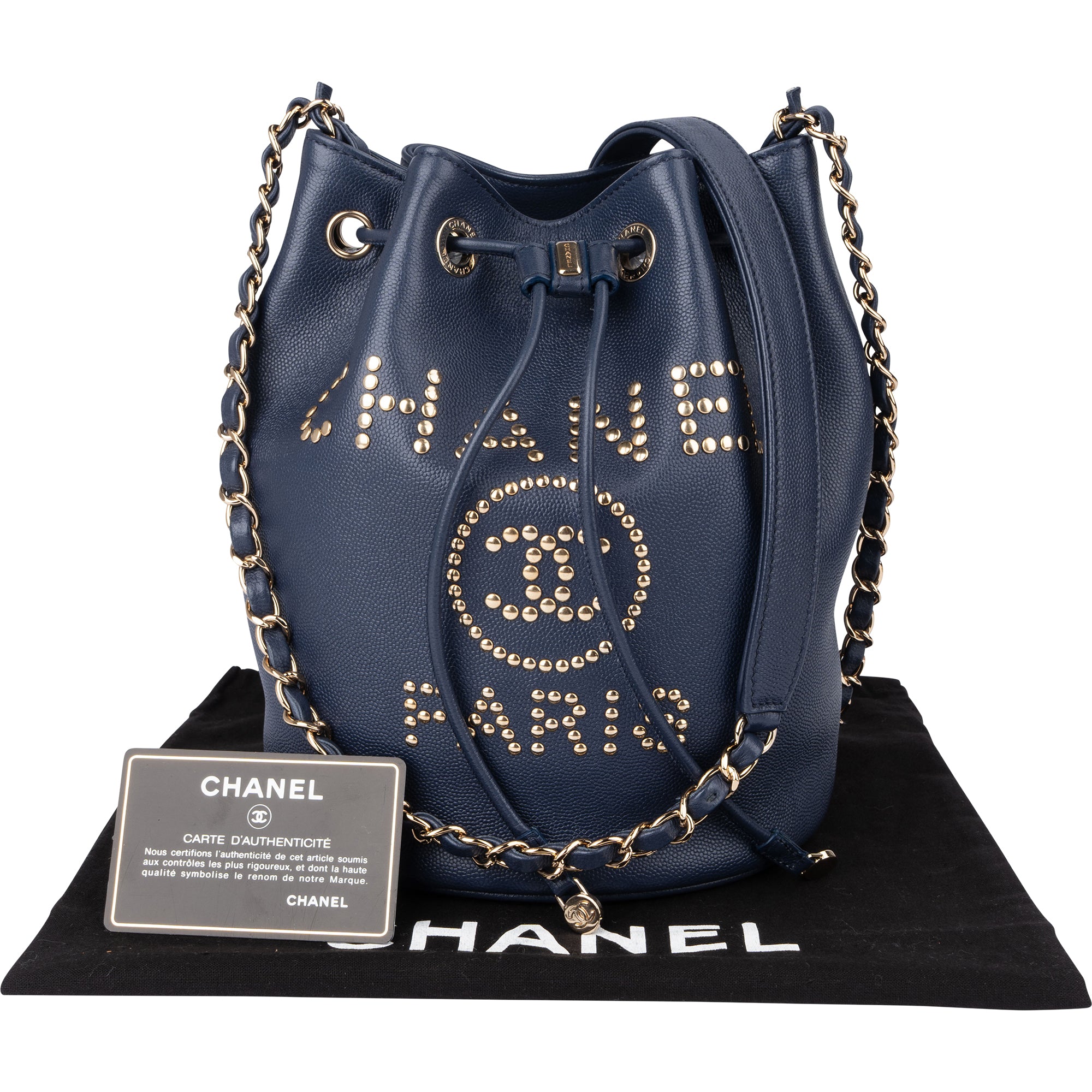 Chanel Bleu Caviar Leather Deauville Bucket Crossbody Bag - vintageandkickz