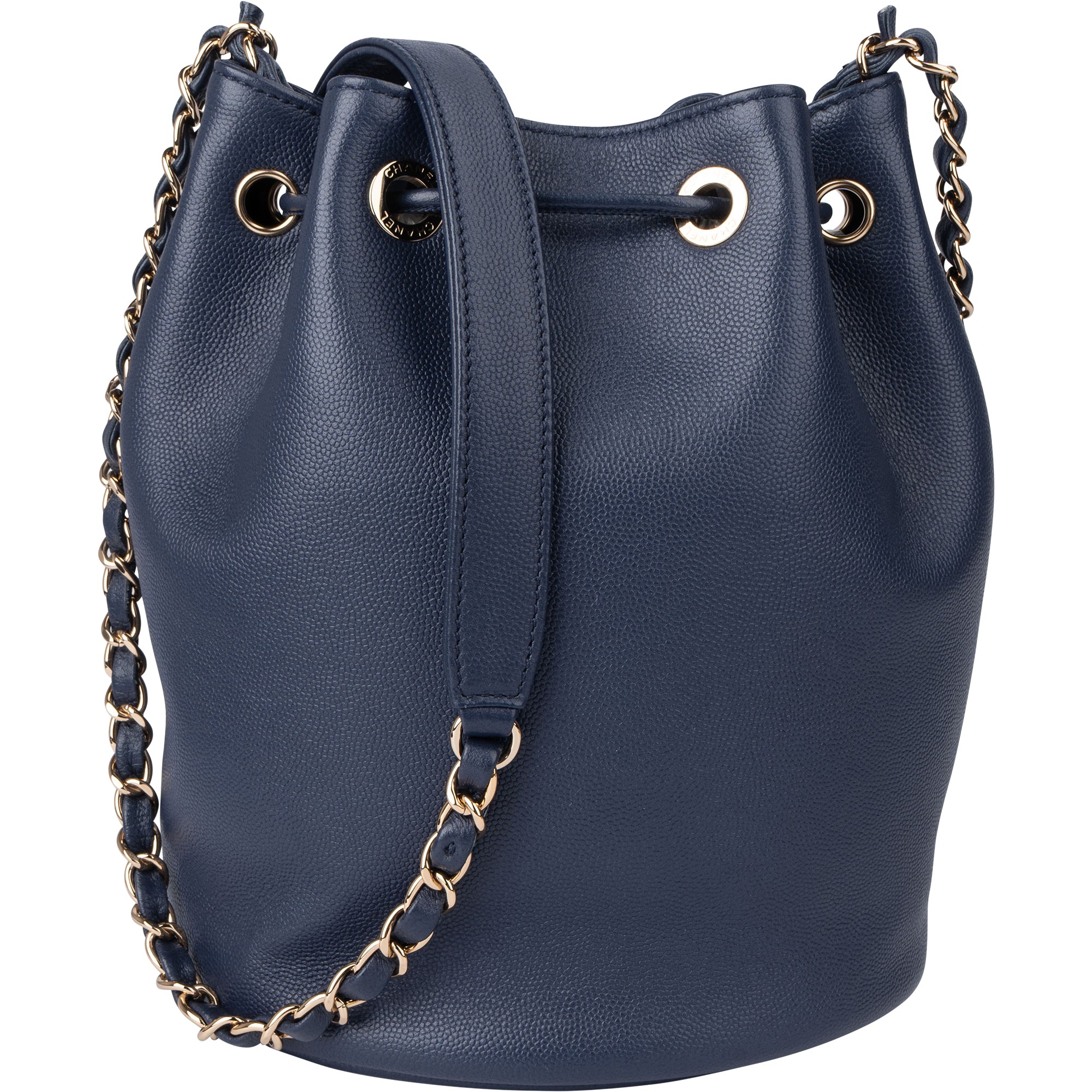 Chanel Bleu Caviar Leather Deauville Bucket Crossbody Bag - vintageandkickz